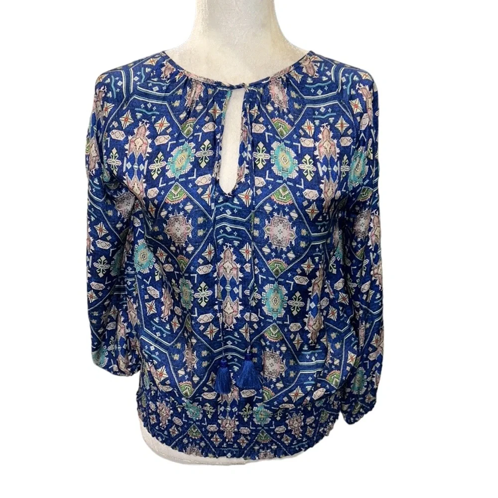 Anthropologie Ecru Weaver Kilim Royal Cobalt Blue Silk Tie Neck Tassel Blouse M